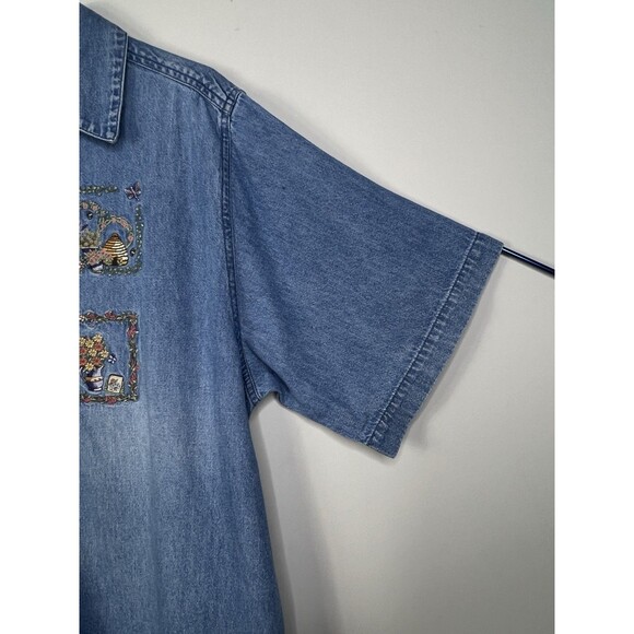 Vintage Womens Denim Shirt Sz XL Button Up Top Embroidered Garden Short Sleeve - Picture 5 of 12